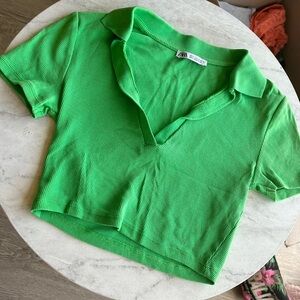 Zara Vibrant Green Ribbed crop Shirt v neck